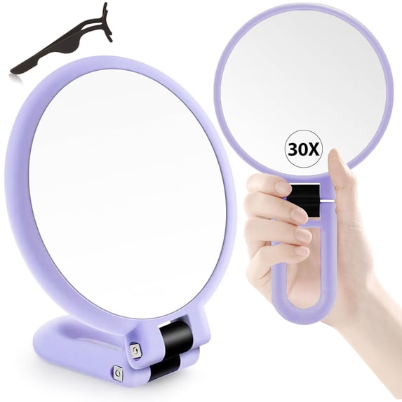 Handheld Magnifying Mirror, Double Sided Travel Magnifying Mirror with 30X/1X Magnification, 360°Adjustable Handle and Eyelash Extension Tweezer, Portable Multi-Purpose Makeup Mirrors, Purple
