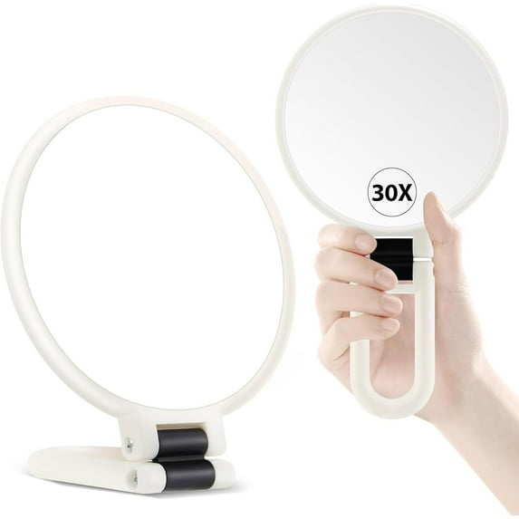 Handheld Magnifying Mirror, Double Sided Travel Magnifying Mirror with 30X/1X Magnification, 360°Adjustable Handle, Portable Multi-Purpose Makeup Mirror, Dorm Room Essentials for Girls, White