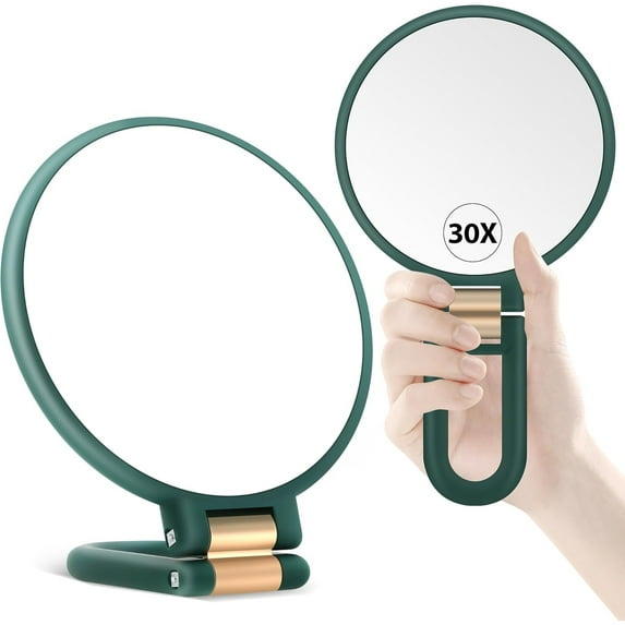Handheld Magnifying Mirror, Double Sided Travel Magnifying Mirror with 30X/1X Magnification, 360°Adjustable Handle, Portable Multi-Purpose Makeup Mirror, Dorm Room Essentials for Girls, Green