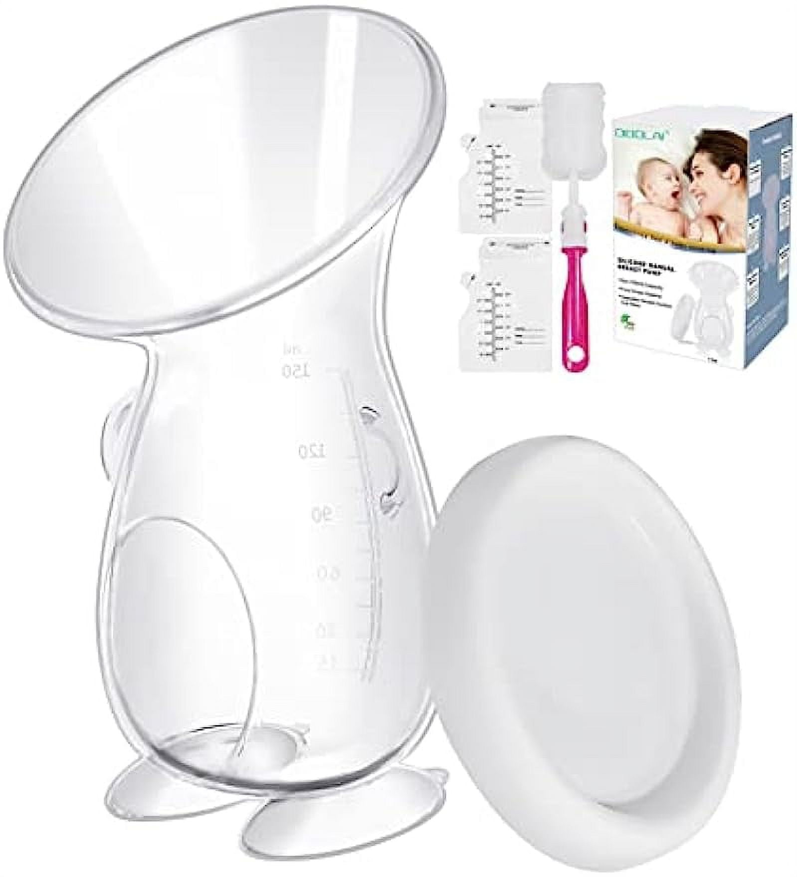 Handheld Manual Breast Pump with Double Suction Base - Breastfeeding Pump Milk Collector - 5oz/150ml + PP Lid + Cleaning Brush - 100% Food Grade - BPA, PVC and Phthalate Free Material
