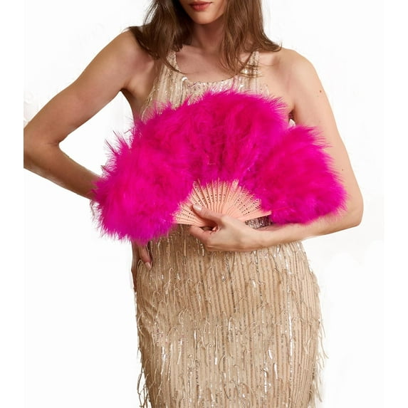 Handheld Marabou Feather Fan, 1920s Vintage Style Flapper Hand Fan for Costume Party and Dancing-Fuchsia