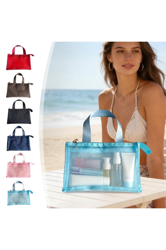 Handheld Mesh Toiletry Bag with Compartments, Portable Travel Makeup Sorting Bag, Beach Organizer Pouch for Toiletries & Cosmetics, Mesh Storage Bag for Outdoor Trips, Memorial Gifts, Sky Blue