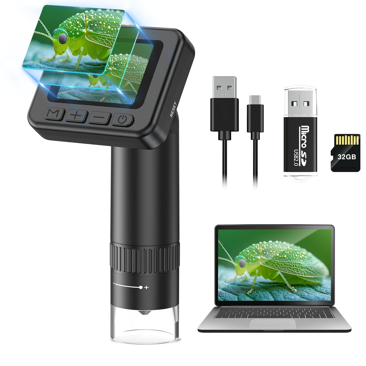 Handheld Microscope with 2" Screen, HUTACT 1000x Digital Microscope for Adults 800mAh Rechargeable Pocket Microscope w/32G SD Card & Card Reader, Adjustable Light, PC View Support