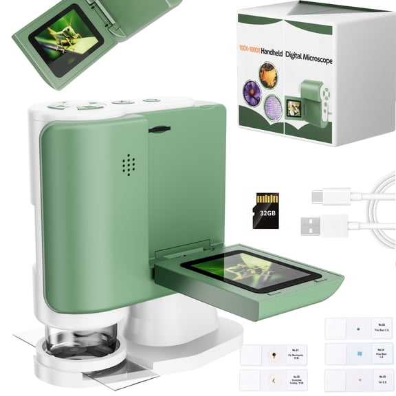 Microscope for Kids, Handheld Microscope Camera 2‑inch HD Screen, Photo & Video Recording, 32GB Card, Educational Science Toy, Gift‑Ready Box, Green