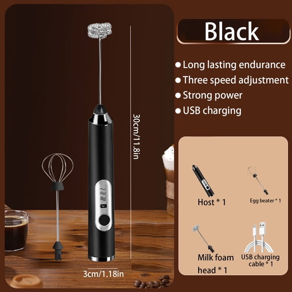 Handheld Milk Frother, Rechargeable USB C Coffee Frother Wand with 3 Stainless Steel Whisks and 3 Speed Settings, Electric Foam Maker for Latte Cappuccino Matcha Hot Chocolate Egg Mixing