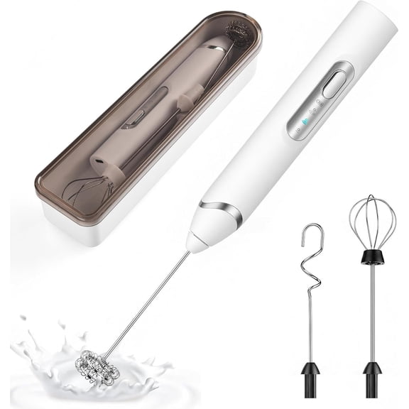 Handheld Milk Frother with Travel Case - Portable USB Rechargeable Mini Whisk for Coffee, Latte. Includes 3 whisks, storage, for frothing milk, beating eggs, and blending drinks.