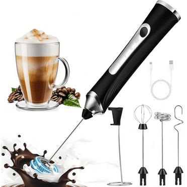 Handheld Milk Frother Wand for Coffee with Stand, Rechargeable Electric Whisk with 3 Heads 3 Speeds Drink Mixer Coffee Frother For Coffee, Latte, Cappuccino, Hot Chocolate,Egg,Black