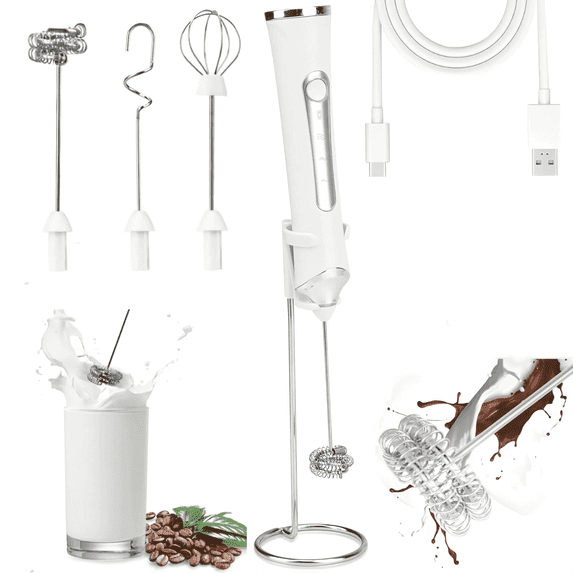 Handheld Milk Frother Wand for Coffee with Stand, Rechargeable Electric Whisk with 3 Heads 3 Speeds Drink Mixer Coffee Frother For Coffee, Latte, Cappuccino, Hot Chocolate,Egg,White