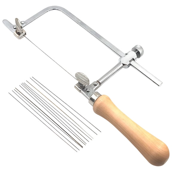 Handheld Mini Jewelry U-Shaped Saw Frame with Wooden Handle, 12-Piece Saw Blades, Adjustable Stainless Steel Frame for Woodworking, Model Making, and DIY Crafting