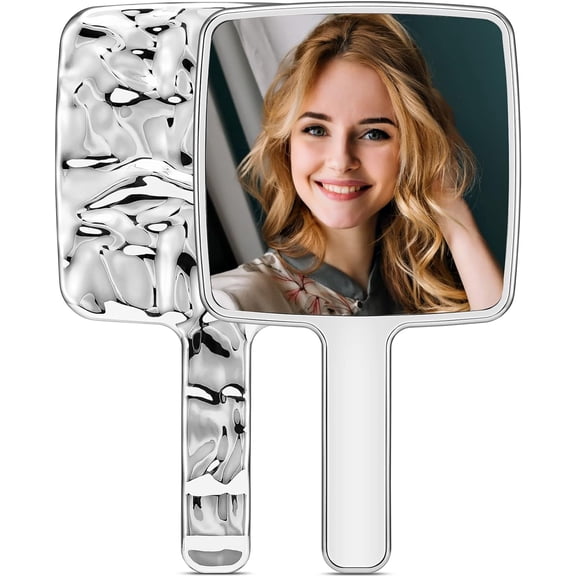 Handheld Mirror, Water Ripples Hand Mirror with Handle for Make up, Square, Silver,Large (6 x 11 inches)