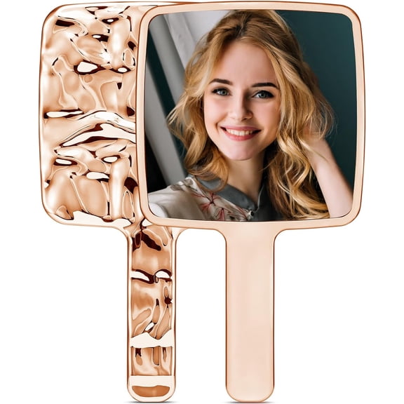 Handheld Mirror, Water Ripples Hand Mirror with Handle for Makeup, Square, Rose Gold, Large (6 x 11 inches)