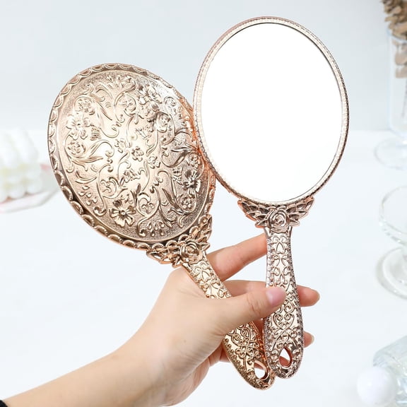 Handheld Mirror with Handle, for Vanity Makeup Home Salon Travel Use (Rose Gold, Carved)