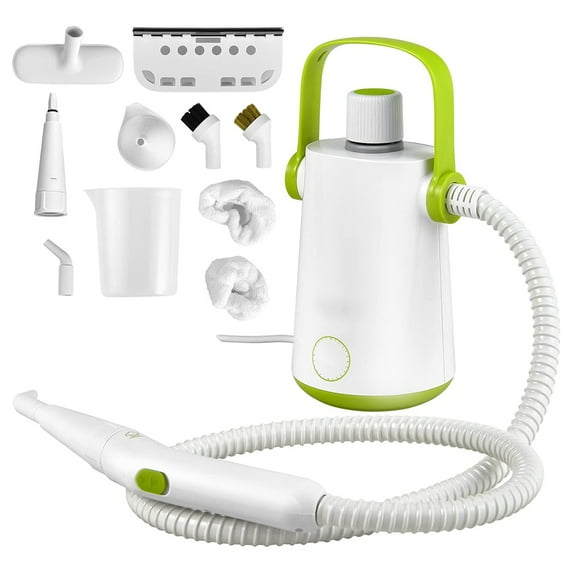 Portable Steam Cleaner Handheld 300ml Capacity, Extended Hose Long Power Cord, Multi-Surface Steamer for Garment Sofa Microwave Car Tires, 10 Piece Tool Kit, Green
