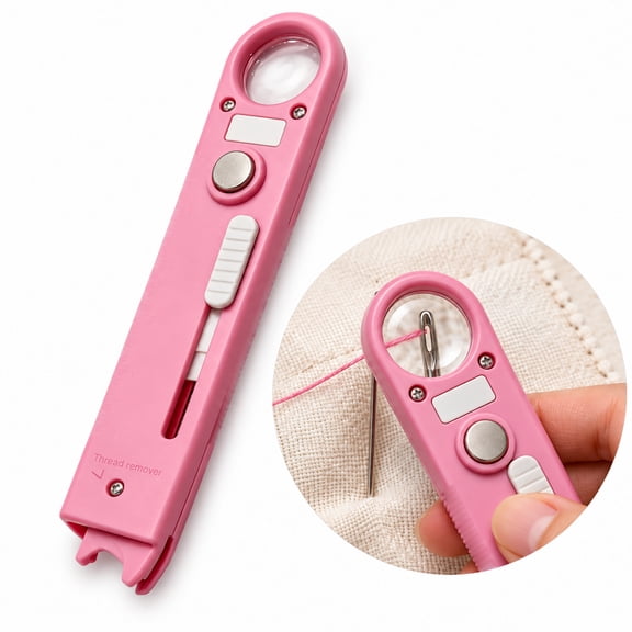 Handheld Needle Threader with Magnifier, Ruler and Magnetic Guide, Pink, 1 Count