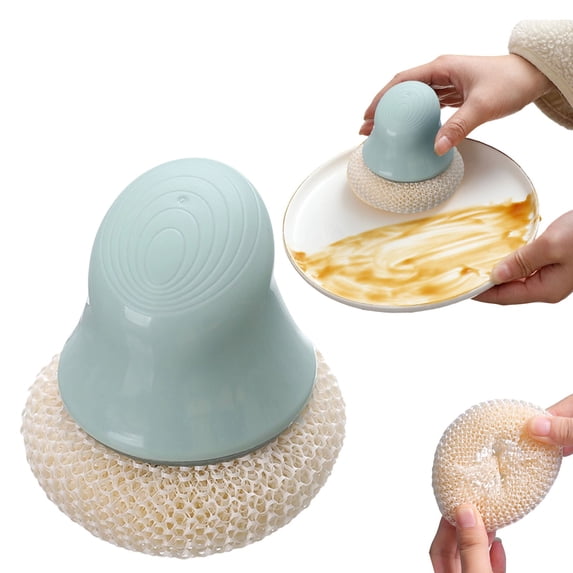 Handheld Non Scratch Dish Scrubber, Replaceable Nylon Mesh Cleaning Ball, Ergonomic Grip Kitchen Pot Cleaner, Plate Pan Scouring Tool, Household Washing Sponge for Cookware Plates