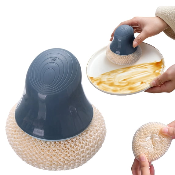 Handheld Non Scratch Dish Scrubber, Replaceable Nylon Mesh Cleaning Ball, Ergonomic Grip Kitchen Pot Cleaner, Plate Pan Scouring Tool, Household Washing Sponge for Cookware Plates
