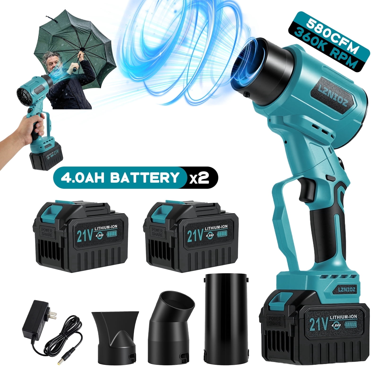 Cordless Leaf Blower, 3-in-1 Brushless Blower Vacuum, 21V 4.0Ah 2 Batteries, 300MPH 580CFM for Yard Cleaning, Blue