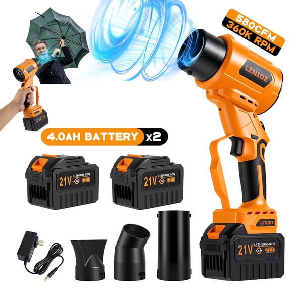 Cordless Leaf Blower, 3-in-1 Brushless Blower Vacuum, 21V 4.0Ah 2 Batteries, 300MPH 580CFM for Yard Cleaning, Orange