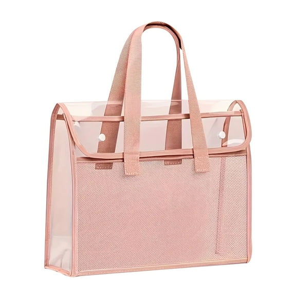 Handheld Organizer File Folder Transparent Plastic Test Paper Storage Bag Large Capacity Waterproof Briefcase Style File Document Meeting Paper Holder For Office Supplies, 1Pc(Pink,13x3.5x10")