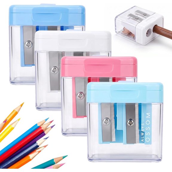 Handheld Pencil Sharpener Compact 2 Hole Manual Colored Pencil Sharpener Lid Catches Shavings for Classroom Home Office (4 Pack, Assorted Colors)
