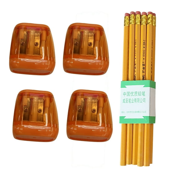 Handheld Pencil Sharpener,Student Plastic Colored Transparent Pencil Sharpener Pencil Set,Double Hole Sketch Sharpener,4pc Pencil Sharpener And 10pc Pencil(Orange 2pcs+10xPencils)