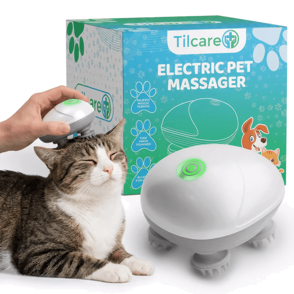 Handheld Pet Massager for Dogs and Cats by Tilcare - Electric Cat and Dog Massage Tool - Head and Back Scratcher for Relieving Tension, Tight Muscles and Stiffness with Four Rotating Massage Heads