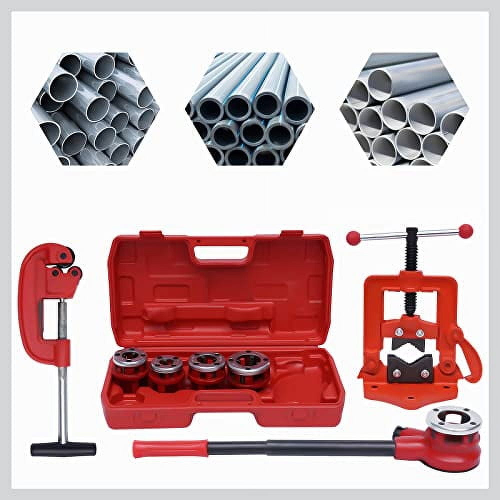 Handheld Pipe Threader Ratchet Type Kit w/ 5 Dies Set Portable Pipe Cutter Plumbing Tool with a Carry Case 3/8'', 1/2'', 3/4'', 1'', 1-1/4''