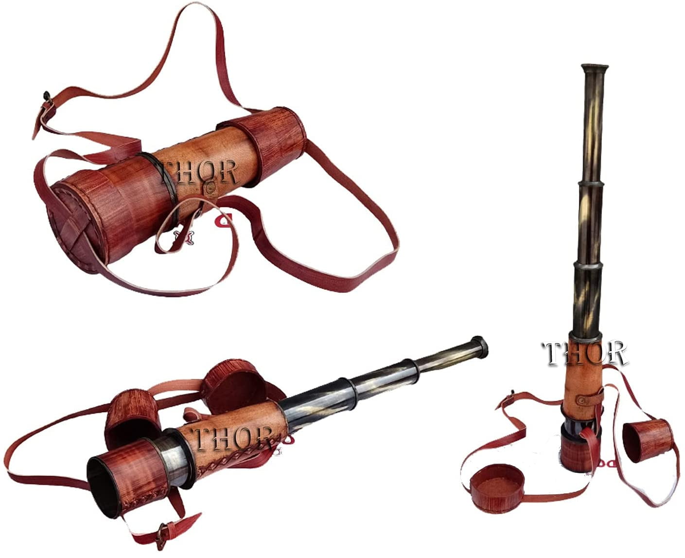 Handheld Pirate Spyglass Brass Nautical Antique Telescope With Leather 18 inches