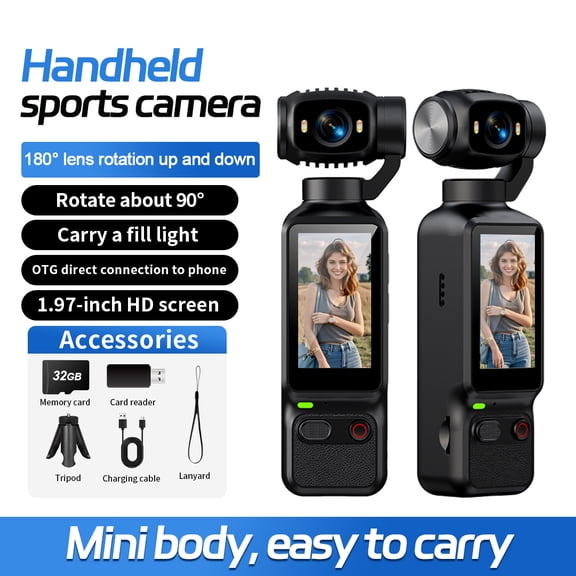 Handheld Pocket Action Camera, 1.97 Inch HD Screen, 180° & 90° Rotatable Lens with Fill Light, 1080P HD Mini Vlog Camera, Compatible with Bike Tripod Mount for Outdoor Sports Travel Camping