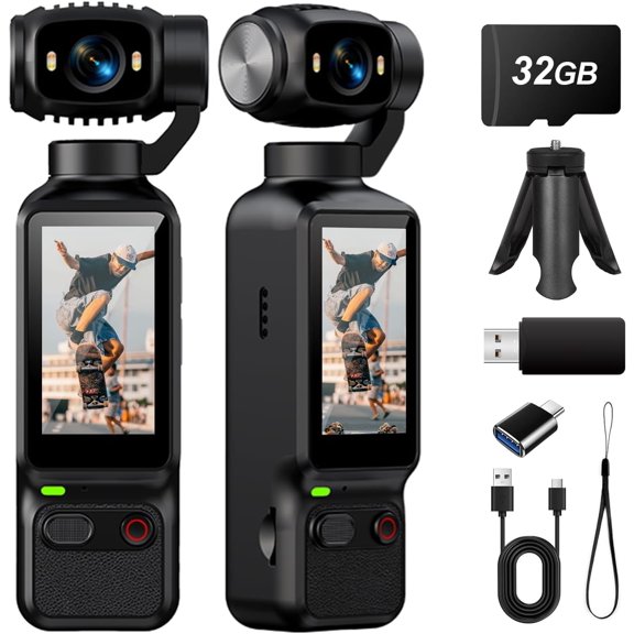Handheld Pocket Action Camera, 1.97 Inch HD Screen, 180 & 90 Rotatable Lens with Fill Light, 1080P HD Mini Vlog Camera, Compatible with Bike Tripod Mount for Outdoor Sports Travel Camping