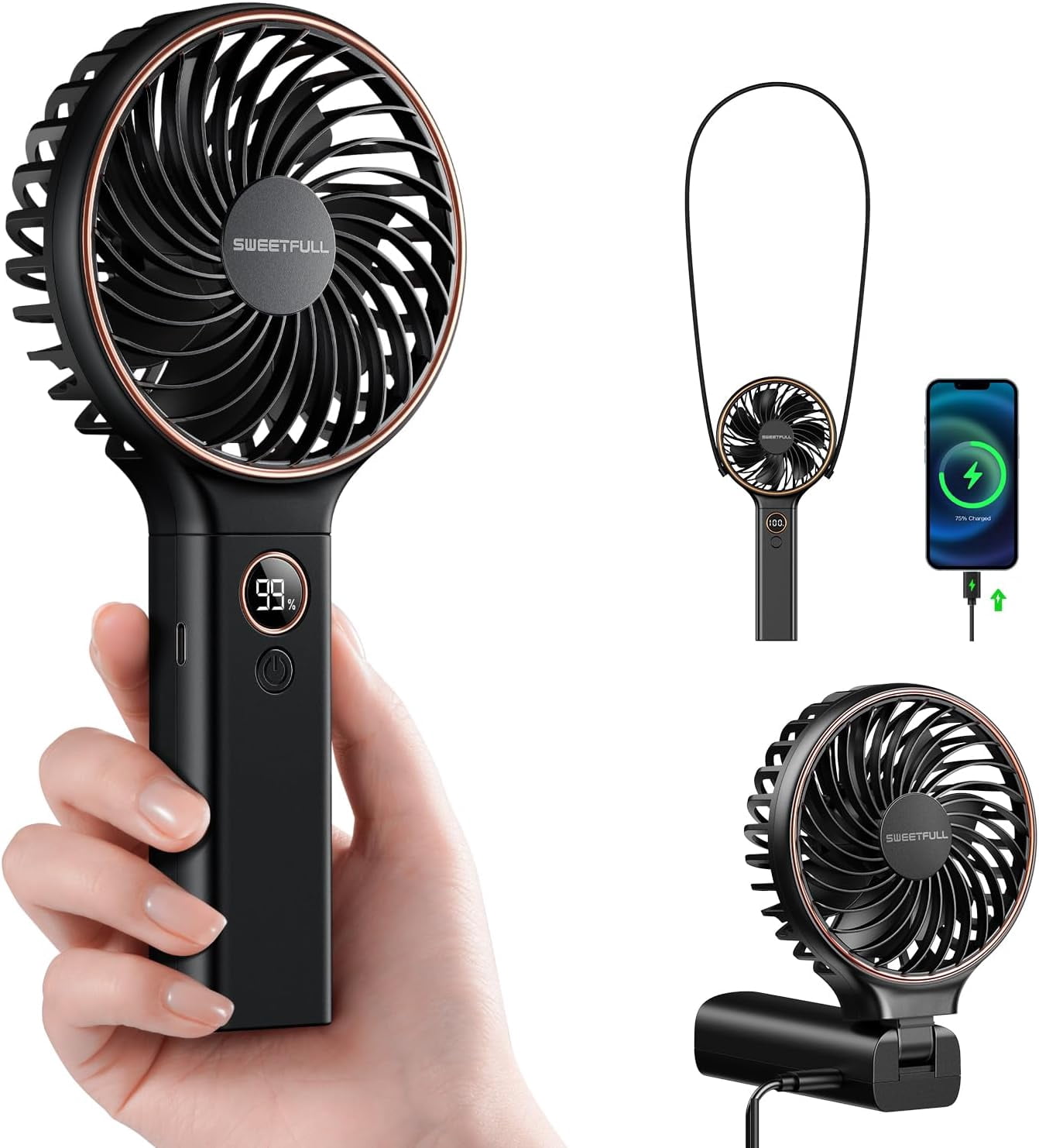 Handheld Portable Fan, 5000mAh Rechargeable Battery, 6 Speed Wind, LED ...