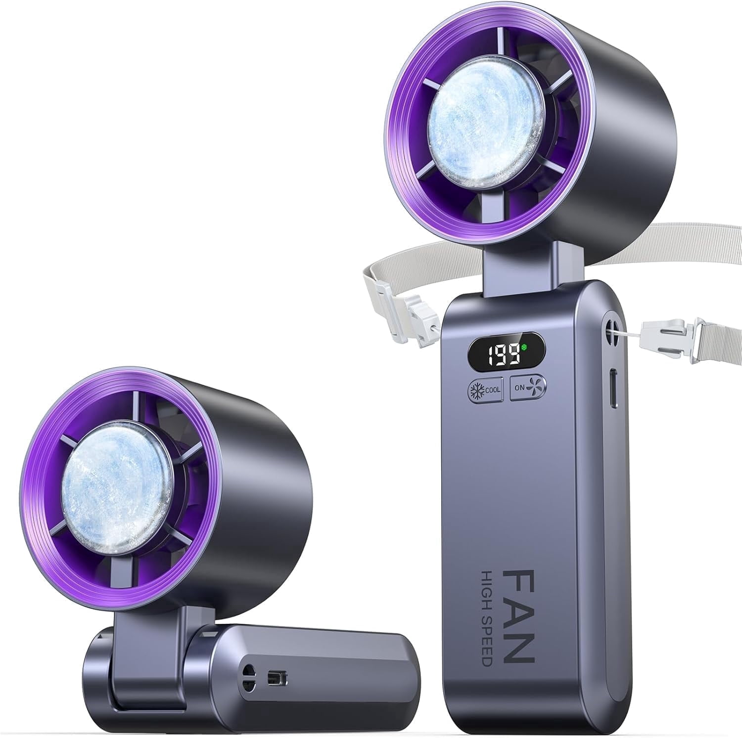 Handheld Portable Fan with Ice Cooler,Speed (1-199) 6000mAh Rechargeable Personal Fan,[20H Cooling Time] Super Mini Yet Powerful [20000 RPM] Small Pocket Fans for Travel/Outdoor/Office,Grey Purple