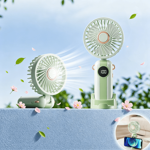 Handheld Portable Turbo Fan with Detachable Phone Stand Base, 5 Speeds & LED Display, 90° Foldable, Desktop or Handheld, USB Rechargeable for Travel/Office/Lunch, Mint green