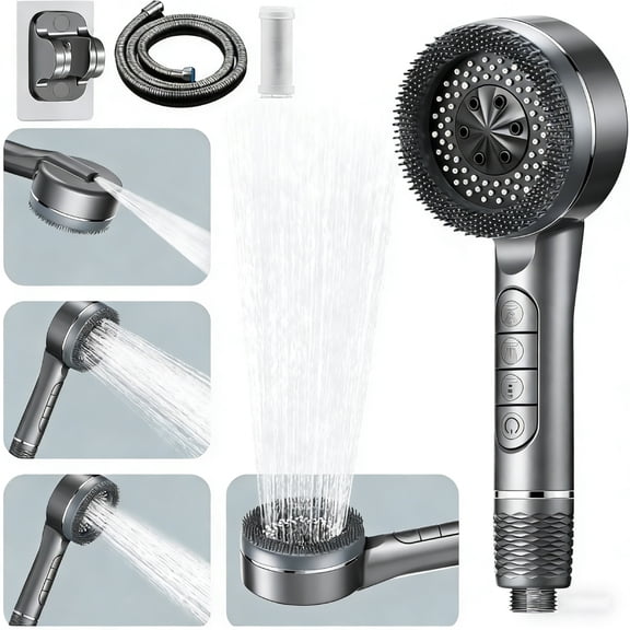 Handheld Pressurized Shower Head Set, Four Spray Mode Ion Shower Heads, with On/Off Switch, Filter Shower Massager with Hose and Adjustable Hard Water Bracket