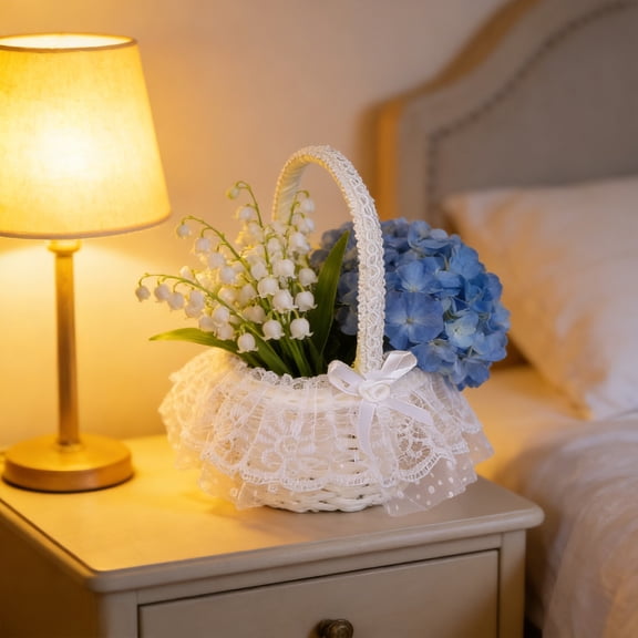 Handheld Rattan Woven Storage Basket White Plastic | Skirt Design Decorative Candy Flower Bin | 8.3"x6.3" Lightweight Organizer Basket for Easter, Gifts, Home Decor, Daily Essentials