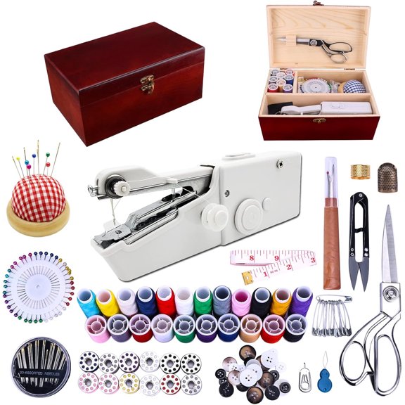 Handheld Sewing Machine, with Elegant Wooden Sewing Box and 153-Piece Sewing Kit, Mini Portable Cordless Hand held Sewing Machine, Perfect for Adults, Beginners, and Quick Home Repairs