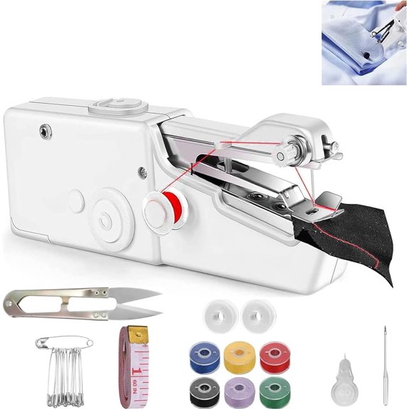 Handheld Sewing Machine, Portable & Cordless Mini Sewing Machine for Beginners - Electric Stitching, DIY Fabric Clothes Repair Kit, Travel Mending Machine with Accessories (White)