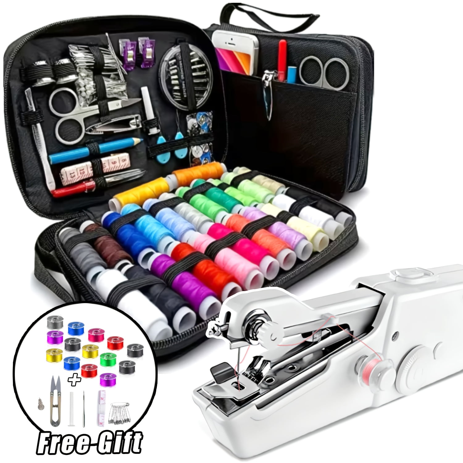 14 Coils +6 Accessories Handheld Sewing Machine, Portable Mini Electric Small Sewing Kit for Beginners, DIY