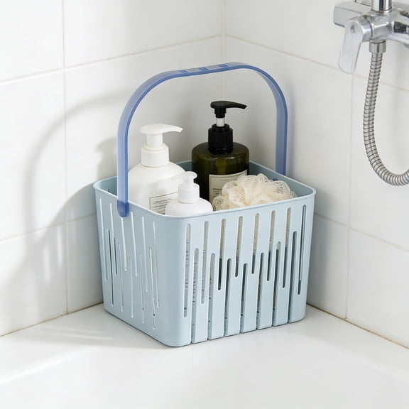 Handheld Shower Caddy Basket, Square Drainable Bath Storage Organizer, Plastic Toiletry Holder for Shampoo, Soap, Shower Gel and Bathroom Essentials Storage, Blue