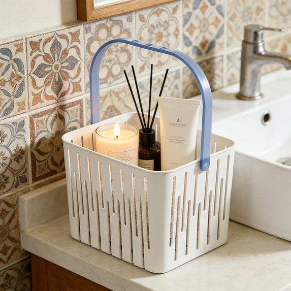 Handheld Shower Caddy Basket, Square Drainable Bath Storage Organizer, Plastic Toiletry Holder for Shampoo, Soap, Shower Gel and Bathroom Essentials Storage, White