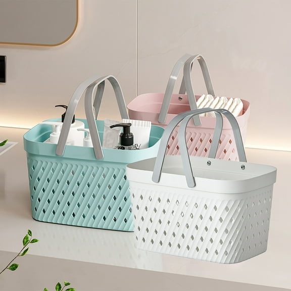Handheld Shower Caddy Plastic Storage Basket with Drain Holes, White Pink or Green Woven Organizer for Bathroom Essentials, Non-rust Design for Shower Storage and Bedroom Organization