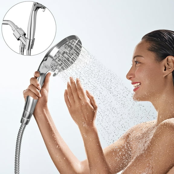 DTIG 8-Mode Handheld Shower Head, 4.5in, 5ft Steel Hose, Anti-Clog Nozzle, 2-Mode Power Wash, 2.5 GPM, Chrome