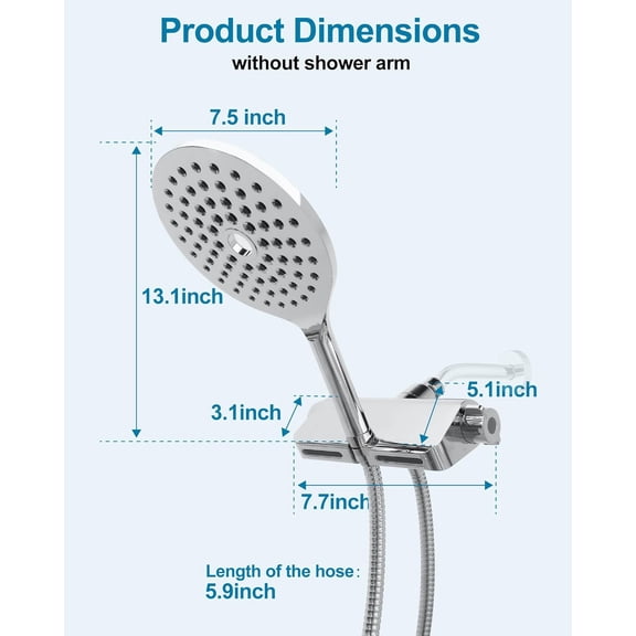 Handheld Shower Head with Filter High Pressure 2-in-1 Dual Spa System 7.5" Rainfall Filtered Showerhead Water Softener Filters for Hard Water 59" Stainless Steel Hose Chrome Polish
