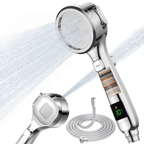 Handheld Showerhead with Temperature Display, High Pressure Shower Heads with 15 Layers Filtration Filtered, Silver