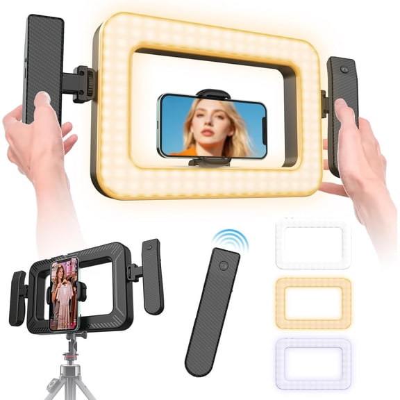 Handheld Smartphone LED Light Video Rig with 20m Bluetooth Remote Handle, Ergonomic Stabilizer, 2900K-7000K Adjustable, Fast-Charge, 1/4 Mount for Selfies, Makeup, Live Streaming,