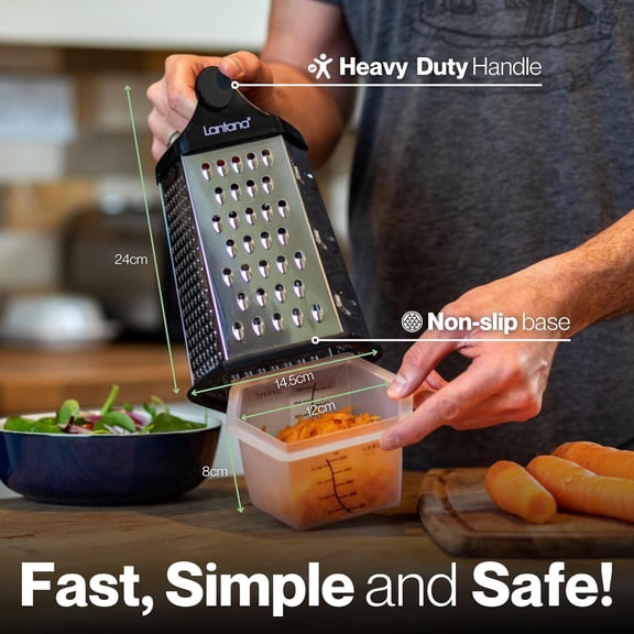 Handheld Stainless Steel Cheese Grater with 6 Functions, Measuring Container & Lid for Grating, Shredding, Zesting