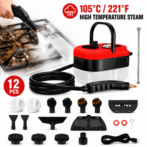 Handheld Steam Cleaner, 2500W High Pressure Steamer, 12 Accessories, 3 BAR High‑Temp Steam, 1.2L Tank, Portable for Home Kitchen Bathroom Floor Car, Red
