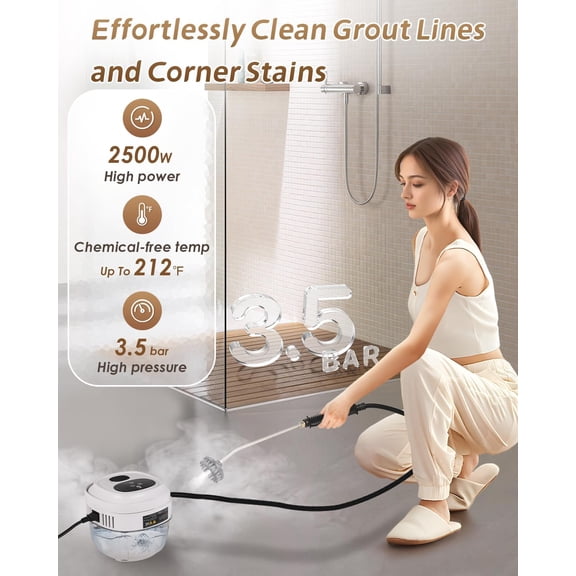 Handheld Steam Cleaner Touch Panel 2500W High Pressure Steamer for Cleaning Grout Tile Portable Steamer for Car Auto Home Small Power Cleaning Steamer with Drain Hole (White)
