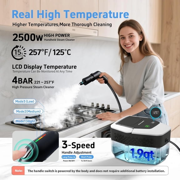 Handheld Steam Cleaner for Home, 2500W High Temp 257F with 3-Level Adjustable Handle, 1.9 Qt for Kitchen Floor Tile Car Furniture