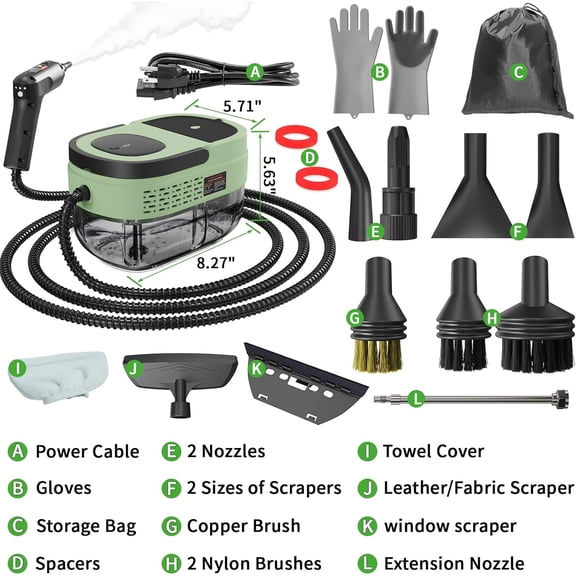 Handheld Steam Cleaner for Home, 2500W High Temp Pressurized , 1.6L , Portable Steamer for Car Bed Bugs Furniture Grout Green